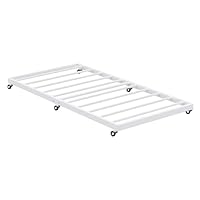 Lutown-Teen Twin Trundle Bed Frame with Metal Slats, Roll-Out Design, Easy Assembly Steel Frame with Lockable Wheels, Noiseless Pull Out Bed for Bedroom, Living Room or Guest Room, White