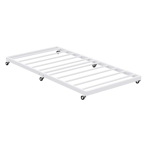 Lutown-Teen Twin Trundle Bed Frame with Metal Slats, Roll-Out Design, Easy Assembly Steel Frame with Lockable Wheels, Noiseless Pull Out Bed for Bedroom, Living Room or Guest Room, White