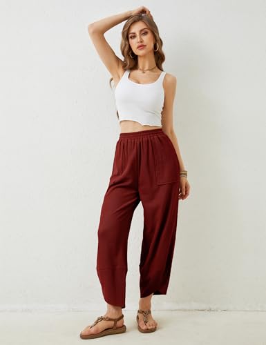 Image of Himosyber Women Cotton Pants Wide Leg Pants Casual Loose Baggy Elastic Waist Beach Palazzo Harem Pants