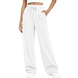 Women's Wide Leg Sweatpants Plus Size Fleece Lined Lightweight Drawstring Straight Elastic Waist Joggers with Pockets Baggy Lounge Fashion Vacation Outfits Pantalón Deportivo Mujer White X-Large