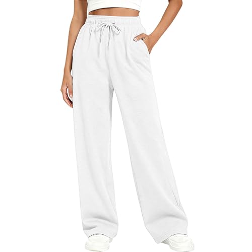 Women's Wide Leg Sweatpants Plus Size Fleece Lined Lightweight Drawstring Straight Elastic Waist Joggers with Pockets Baggy Lounge Fashion Vacation Outfits Pantalón Deportivo Mujer White X-Large