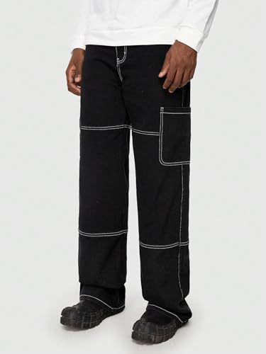 Image of Men's Straight Fit Denim Cargo Pants - Casual Multi-Pocket Work Jeans