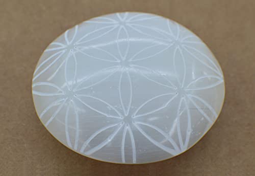 Image of Amazing Gemstone Selenite Palm Stone - Flower of Life Engraved Hot Massage Worry Stone for Natural Body Chakra Balancing, Reiki Healing and Crystal Grid