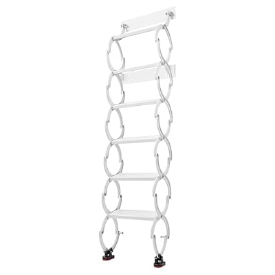 6 Steps Wall Mounted Attic Ladder, Metal Indoor Stairs Pull Down Telescoping System, Anti-Slip Retractable Folding Stair, Loft Extension Steps Staircase for Garages