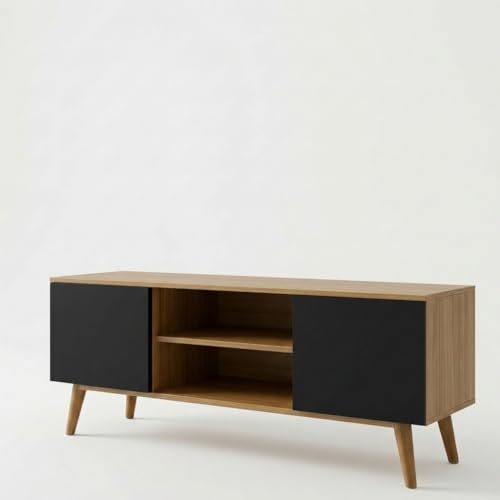Rack para TV até 50 Polegadas com 2 Portas, Nicho e Pés Palito, Design Retrô, Organizador para Sala e Quarto, Estrutura Resistente e Acabamento Moderno (PRETO)