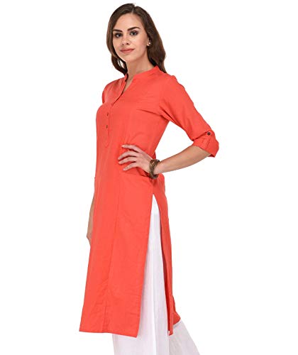 Image of Pistaa's Women's Cotton Relaxed Fit Straight Solid Kurta With Two Patch Pockets