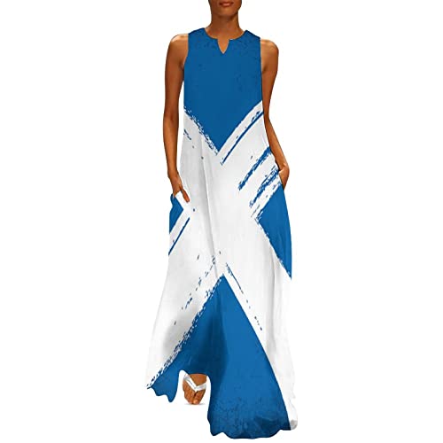 Retro Scottish Flag Women's Sleeveless V Neck Long Dress Casual Summer Ankle Length Maxi Dresses 4XL