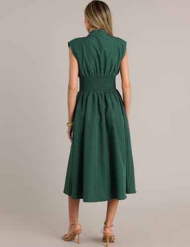 Image of FANCYINN Summer Casual Womens Maxi Dress Sleeveless V Neck Waist Aline Front Zipper High Slit Flowy Long Dress Pockets