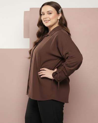 Image of MAYKR Plus Size Women Brown Formal Casual Shirt | Collared Button Down Top