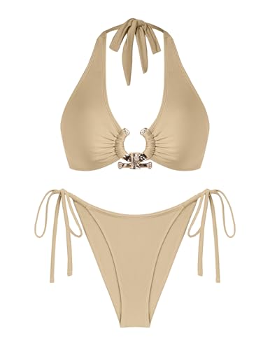 seamoly Bikini Sets for Women Metal Ring Shiny Two Piece Swimsuit Halter High Cut Tie Side Thong Bathing Suit Sexy Swimwear