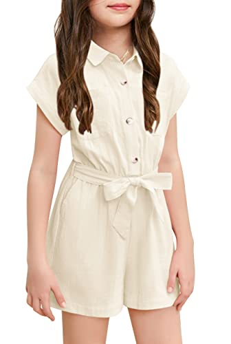 Mafulus Girls Cute Romper Button Down Belted Jumpsuit Wide Leg Short Summer Outfits with Pockets 3-14T, Beige