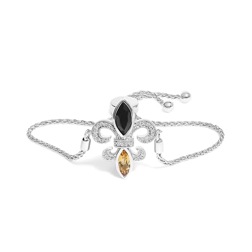 .925 Sterling Silver Marquise Black Onyx, Orange Citrine, and Diamond Accent Lariat 4”-10” Fleur De Lis Adjustable Bolo Bracelet (I-J Color, I1-I2 Clarity) - 7"