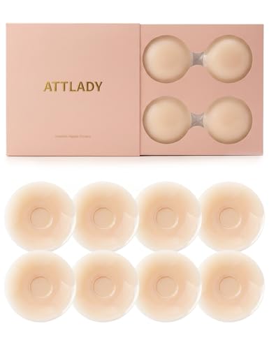 Image of Nipple Covers for Women 4 Pairs Sticky Silicone Reusable Pasties No Show | 50x Reusable Bra, Hypoallergenic, All-Day Comfort. Discreet Skin-Tone Coverage for Tight Clothes, Swimsuits & Activewear