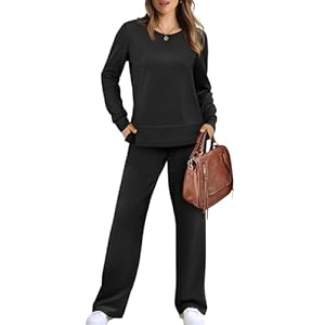 WIHOLL Two Piece Outfits for Women Casual Fall Travel Airport Long Sleeve Wide Leg Tracksuit 2 Pc Lounge Sets Women’s 2024 Winter Loungewear Black L