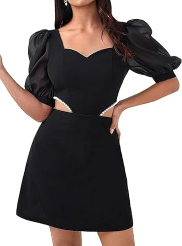 Image of WDIRARA Women's Cut Out Sweetheart Neck Half Puff Sleeve Pearl Beaded Elegnat Mini Dress