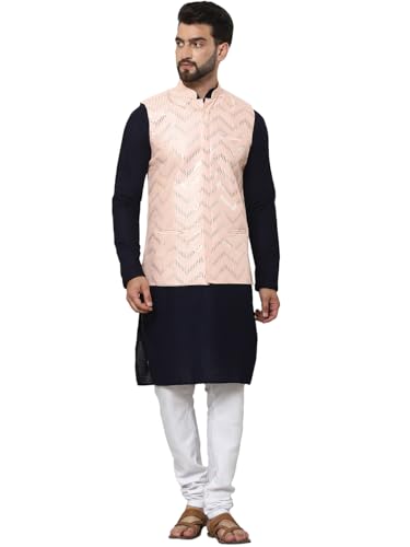 Image of SOJANYA (Since 1958 Men's Cotton Linen Maroon Kurta and White Pyjama with Mustard Cotton Nehru Jacket