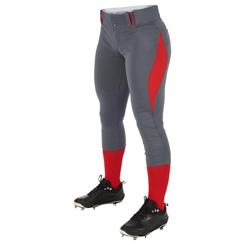 CHAMPRO unisex-adult Surge Traditional Low-Rise Fastpitch Softball Pant with Contrast-Color Braid Piping , Graphite, Scarlet, Small