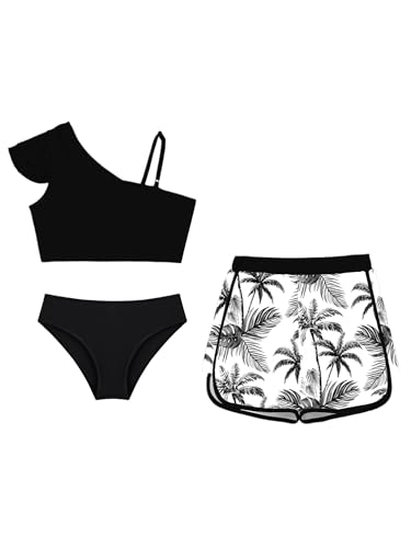 Moily Kids Girls 3 Piece Swimsuit Bikini Tops with Briefs Shorts Tropical Print Tankini Bathing Suit Beachwear3