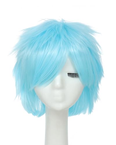 Image of Rose bud Anime Halloween Aqua Blue Wig for Cosplay Party Synthetic Layered Short Hair Wigs with Bangs Pastel Funny Wigs for Women Men