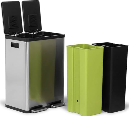 Simpli-Magic 60 Liter / 16 Gallon Rectangular Hands-Free Dual Compartment Recycling Kitchen Step Trash Can with Soft-Close Lid, Brushed Stainless Steel (30L x 30L Capacity) by SIMPLI-MAGIC - Image 3