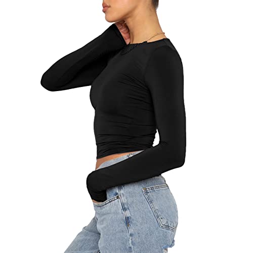 Women's Casual Crop Tops Slim Fit Top Crew Neck Long Sleeve Tight T-Shirt Basic Blouse Tee Tops(Black-8,S) - Image 5