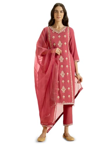 Image of Kaari Women's Embroidered Kurta Set with Dupatta - Festive Kurta Set for Women Polyester
