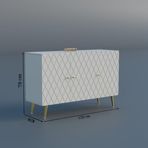 Image of Modern Wooden Storage Cabinet with 2 Doors | Geometric Design Sideboard /Cupboard for Living Room | Multipurpose Organizer for Bedroom & Entryway | HDMR Premium Wood | Gold Metal Legs(White)