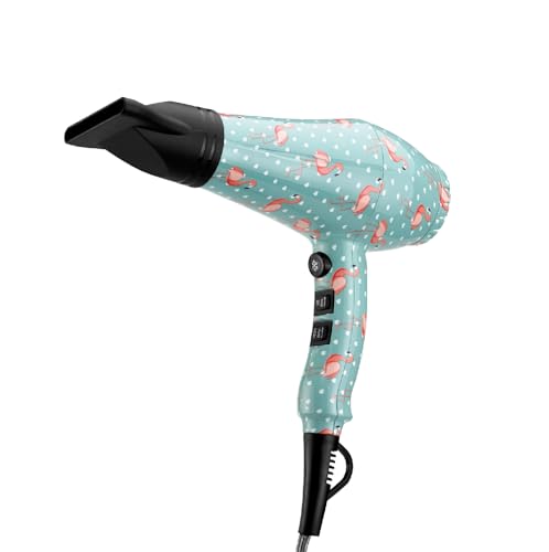 Zephir, Asciugacapelli Professionale, Fantasia 'Fenicotteri', Potenza 2000W, 2 velocità, 3 livelli di temperatura, Colpo di Freddo, Concentratore e Diffusore inclusi, Tote Bag della Stessa Fantasia.