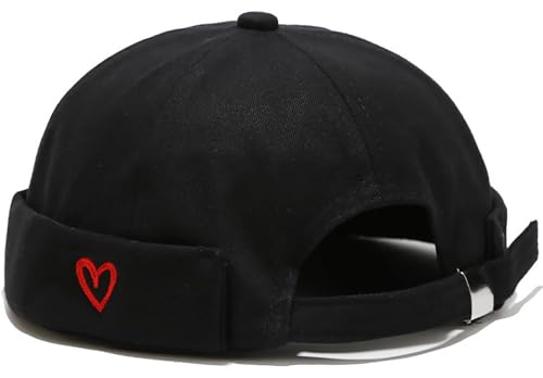 Image of XYIYI Heart Black Mens Docker Cap Brimless Hats Skullcap Worker Sailor Cap Rolled Cuff Retro Beanie Hat