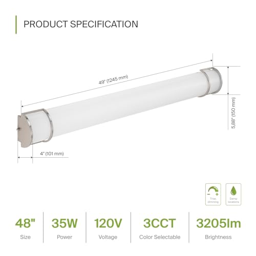 Image of ASD LED 48 inch Vanity Flush Mount Light Fixture, Linear Bathroom Lighting Bar | 3CCT, Dimmable, Energy Star, ETL Listed | 35W 3200LM 3000-5000K 120V | Long Tube Bath Wall Sconce Over Mirror | Nickel