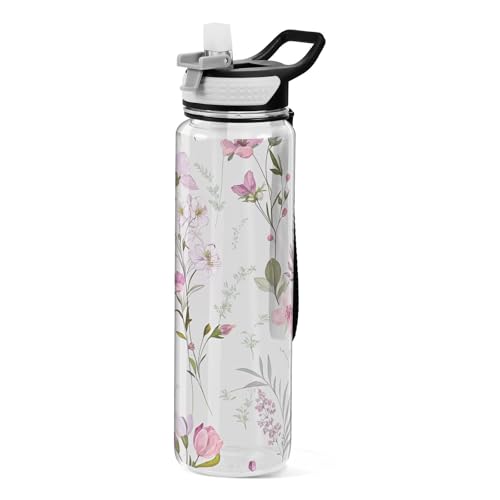 FLildon Cute Floral Pattern Water Bottle with Straw Lid 32oz Leakproof Clear Gym Water Bottles for Women Men Outdoor Sport Drinking