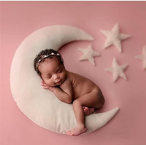 Moon and Star Cushion Baby Photo Shoot Accessories (Pack of 1 Moon and 5 Stars, White) - Cute Props for Newborn Photography