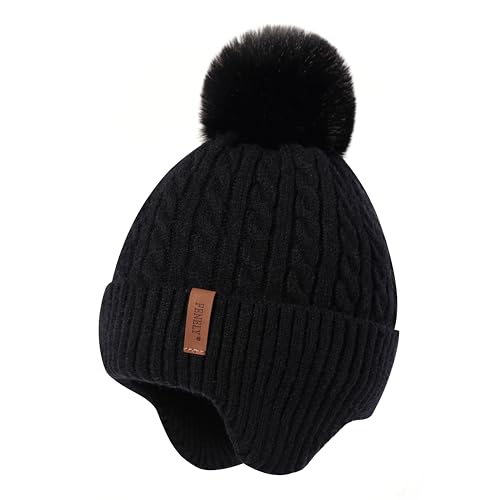 FENELY Girls Boys Winter Hat, Children's Warm Knitted Earflaps Beanie with Pom Pom Thicken Fleece Lining Cap for Kids