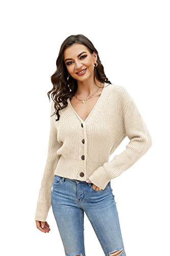 Febriajuce Women's Long Sleeve V-Neck Button Down Rib Knit Cropped Cardigan Sweater3