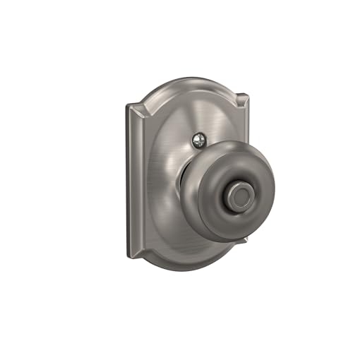 Image of Schlage F40 GEO 619 CAM Georgian Door Knob with Camelot Trim, Bed & Bath Privacy Lock, Satin Nickel