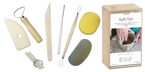 GLOREX 6 8075 301K - Set für Kreative: Soft Ton 2500 g in weiß, lufthärtend ohne Brennen und 8 teiliges Set mit strapazierfähigem Modellierwerkzeug