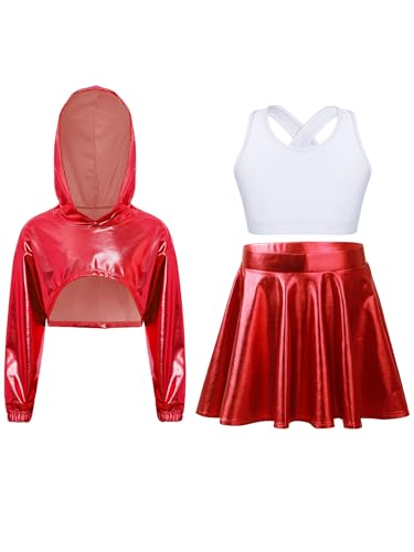 Ensemble hip hop fille avec jupe plissée brillante et sweat à capuche court