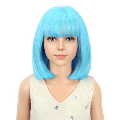 Image of PATTNIUM Kids Light Blue Bob Wig with Bangs Girls Short Sky Blue Bob Wig Cosplay Party Synthetic Rose Net Daily Wear Wig