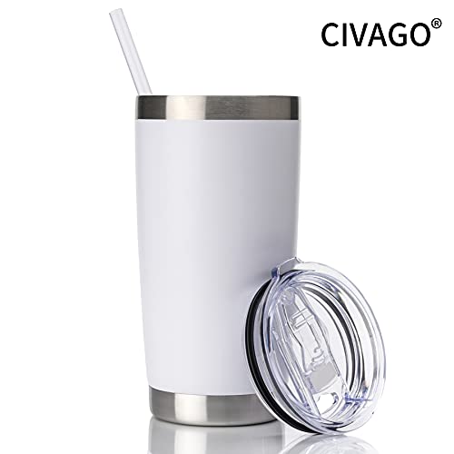 CIVAGO Vaso de 20 onzas con tapa y popote, vaso de acero inoxidable con aislamiento al vacío, taza de café de doble pared con recubrimiento de polvo, taza de viaje (blanco, paquete de 1) - Imagen 3
