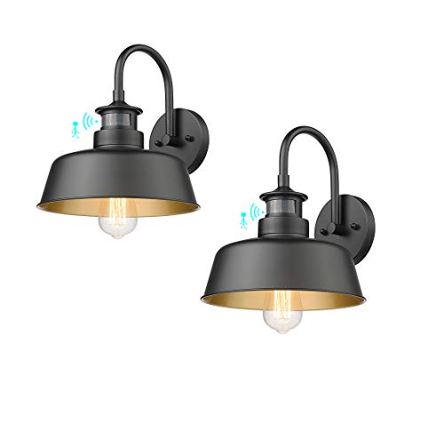 Rosient Motion Sensor Gooseneck Barn Lights, Farmhouse Outdoor Wall Mount Porch Lights, Industrial Wall Sconces, Exterior Wall Lighting Fixture in Black Finish for Garage, 2 Pack