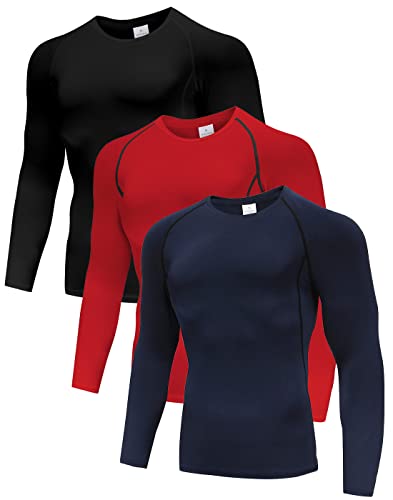 Holure 3 Pack Compression Shirts for Men Long Sleeve Mens Running Top Quick Dry Base Layer Tops for Gym Sports Fitness Workout Black/Red/Navy-2XL