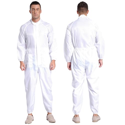 Xnihocha Men's Long Sleeve Protective Coverall Suit Anti-Static Dustproof Boiler Suit Uniform Workwear White 5XL