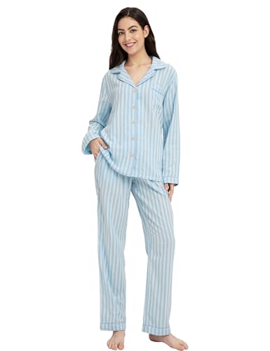 Image of Womens Muslin Pajama Set 100% Cotton Double Gauze Linen Like | Breathable Soft Comfort Button Up Loungewear Sleepwear PJ Set