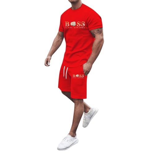 Generisch Jogginganzug Herren Trainingsanzug Sommer Bequeme Sportanzug Fitness Kleidung Poloshirt Kurzarm Baggy Freizeitanzug Streetwear Activewear-Sets 2 Teilig mit Tshirt und Kurz Sporthose