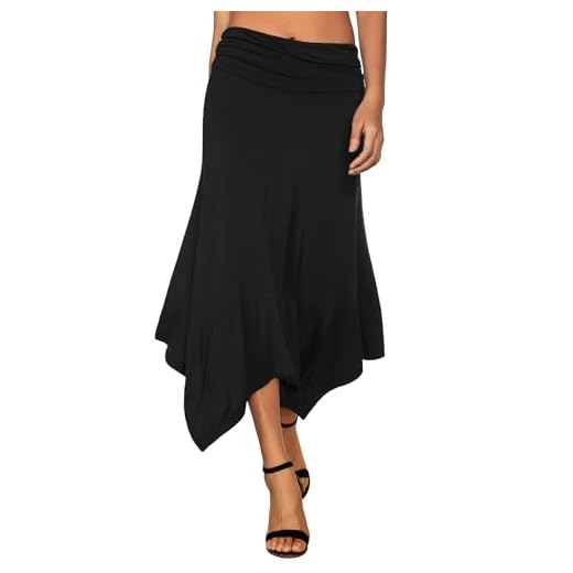 DJT Damen Elastische Taille Einfarbig Ausgestelltes A-Linie Faltenrock Schwarz L