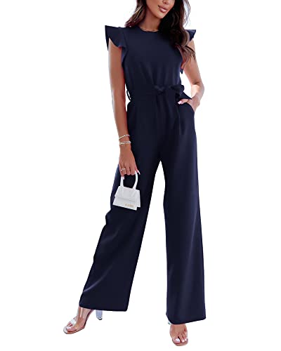 Btfbm Women Jumpsuits Crew Neck Ruffle Cap Sleeve Belted High Waist Wide Leg Romper With Pockets One Piece Casual Outfits(Solid Navy, X-Large) #TOP15