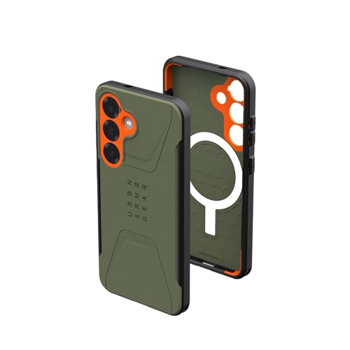 Image of Urban Armor Gear UAG Civilian Rugged Slim Fit Shockproof Protective Case Compatible with Galaxy S25 5G (2025), Magnetic Charging Compatible - Olive Drab /Orange