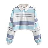 Linkay - Sudadera corta casual de manga larga con botones para mujer, cuello vuelto, sudadera con cuello redondo, blusa, Un azul cielo, XL