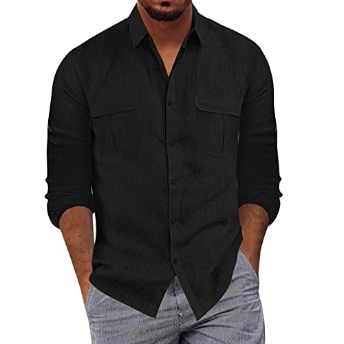 Mens Cotton Linen Shirts Long Sleeved Regular Fit Casual Solid Shirt Lightweight Button Down Standing Collar Pocket Top Breathable Comfort Classic Fit Polo Shirt Fashionable Business Shirt Black