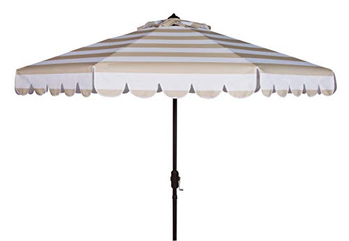 SAFAVIEH 9ft Outdoor Patio Umbrella, Round, Maui Collection, Beige & White Stripe, Crank, Button Tilt, UV Resistant for Deck, Backyard, Patio (PAT8011A)